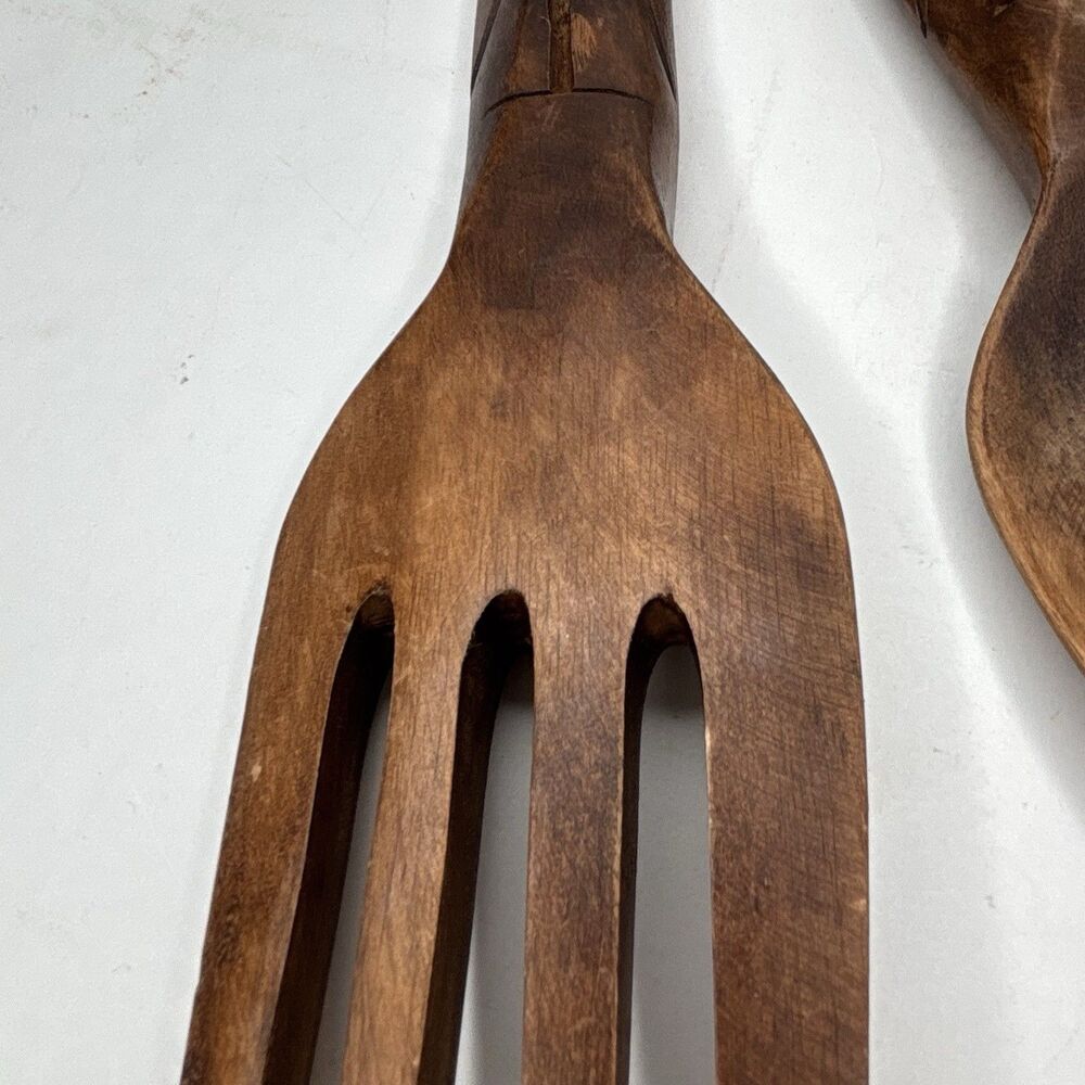 Vintage Made in Philippines 12” Carved Wood Salad Serving Spoon Fork Set MCM - Picture 12 of 16
